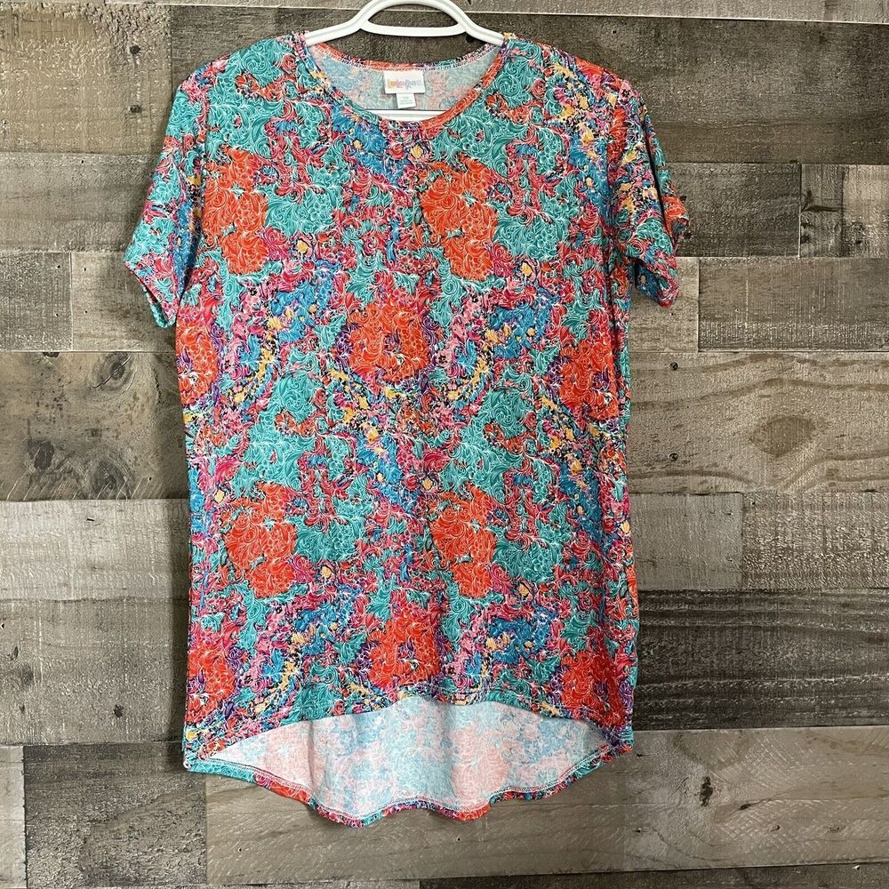 LuLaRoe Size 14 Reds Teal Floral Swirl Printed Short Sleeve Top High Low Stretch